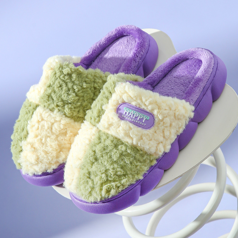 Color-matching Home Slippers Winter EVA Thick-soled Warm Plush Cotton Slippers W - Picture 9 of 11