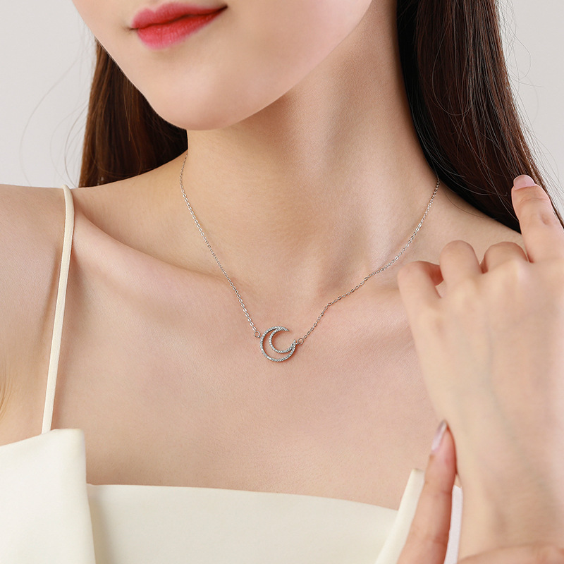 Sterling Silver With Diamonds And Mother-of-pearl Shell Moon Necklace - Picture 5 of 5