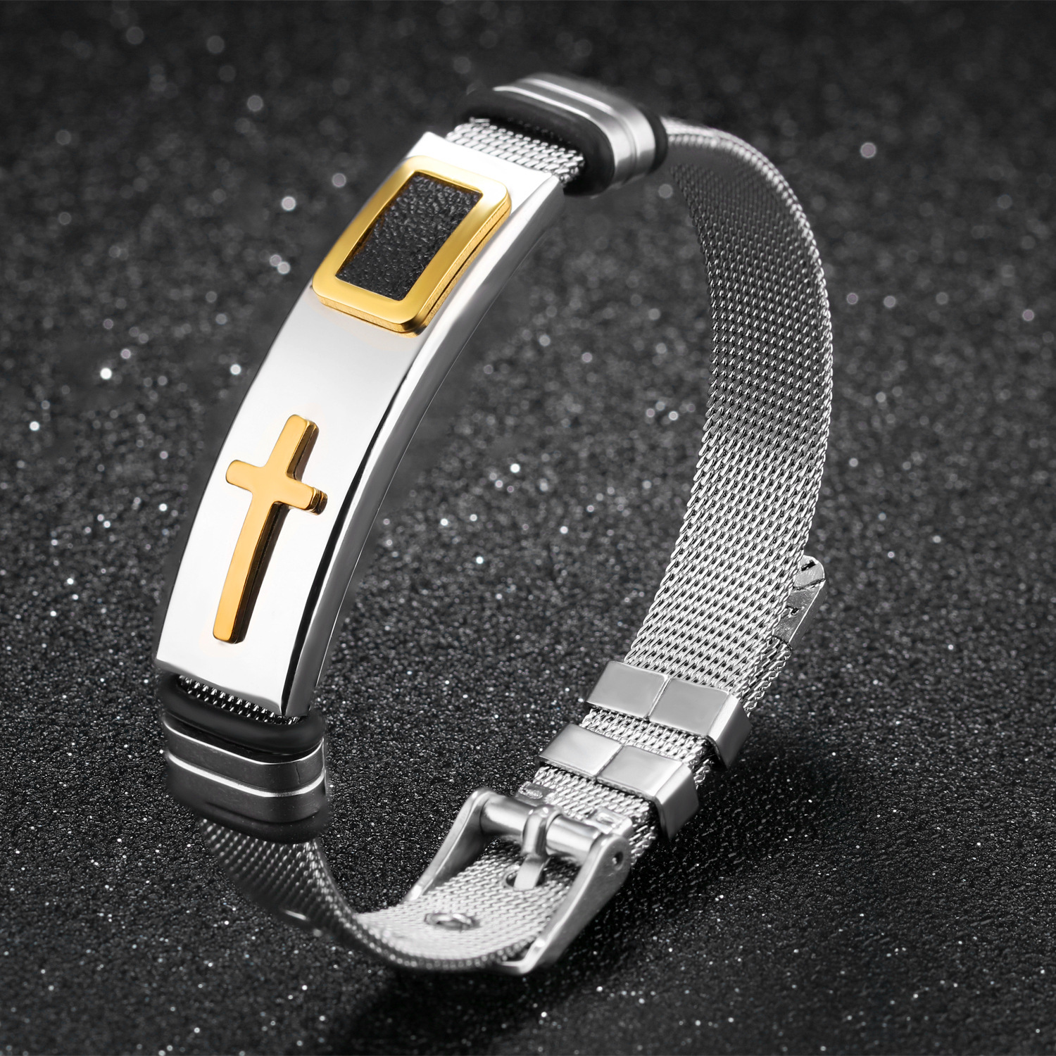 Stahlgitter Armband Armband Armband Gold Kreuz Titan Stahl Herren Persönlichkeit - Bild 5 von 6