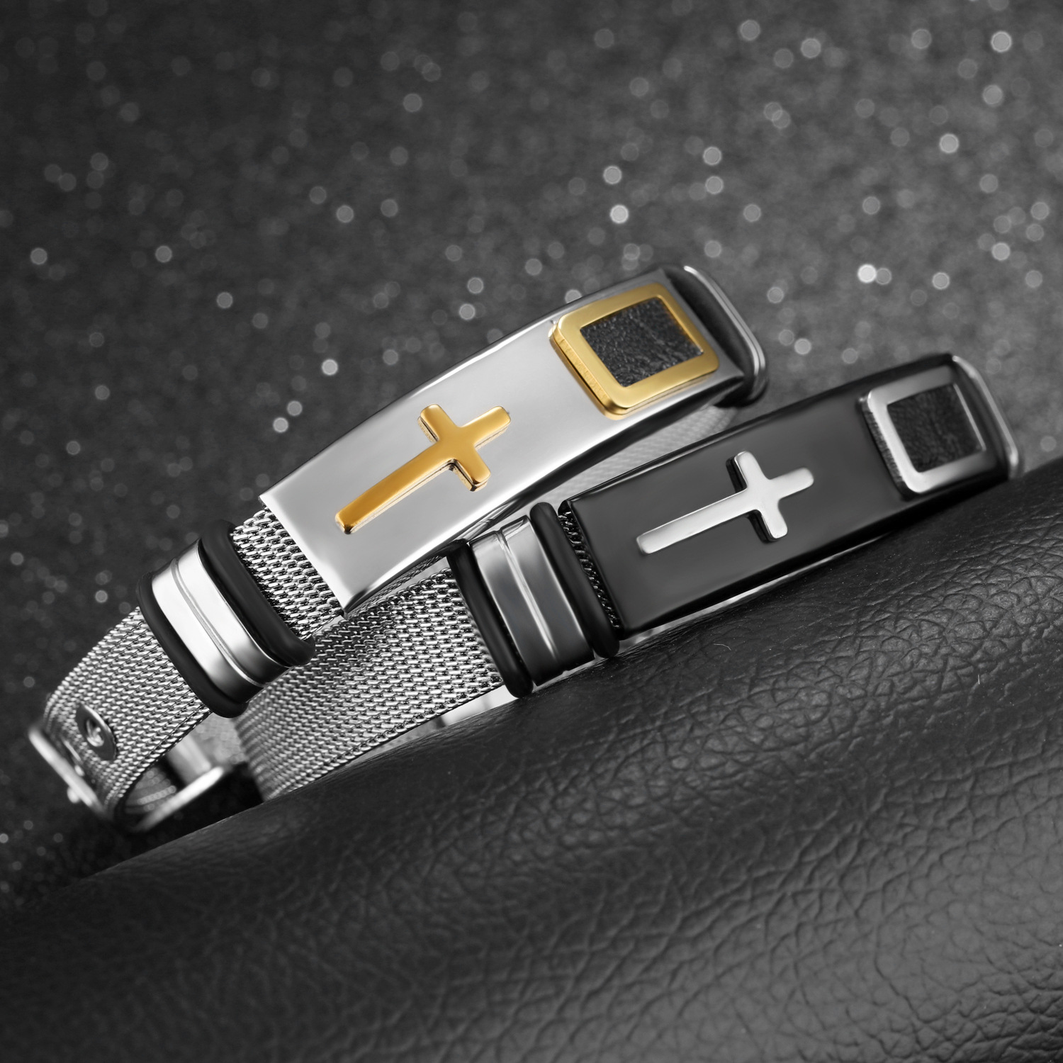 Stahlgitter Armband Armband Armband Gold Kreuz Titan Stahl Herren Persönlichkeit - Bild 6 von 6