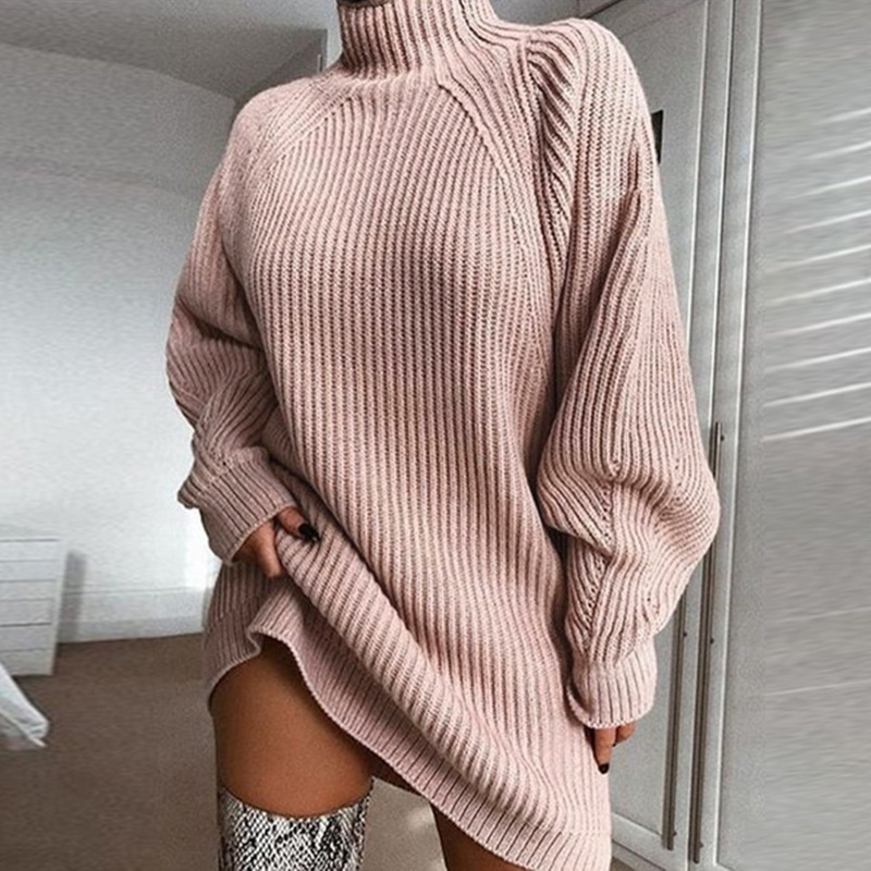 Einfarbiger Rollkragen Long Pullover Winter Warm Damen Pullover Kleid - Bild 6 von 7