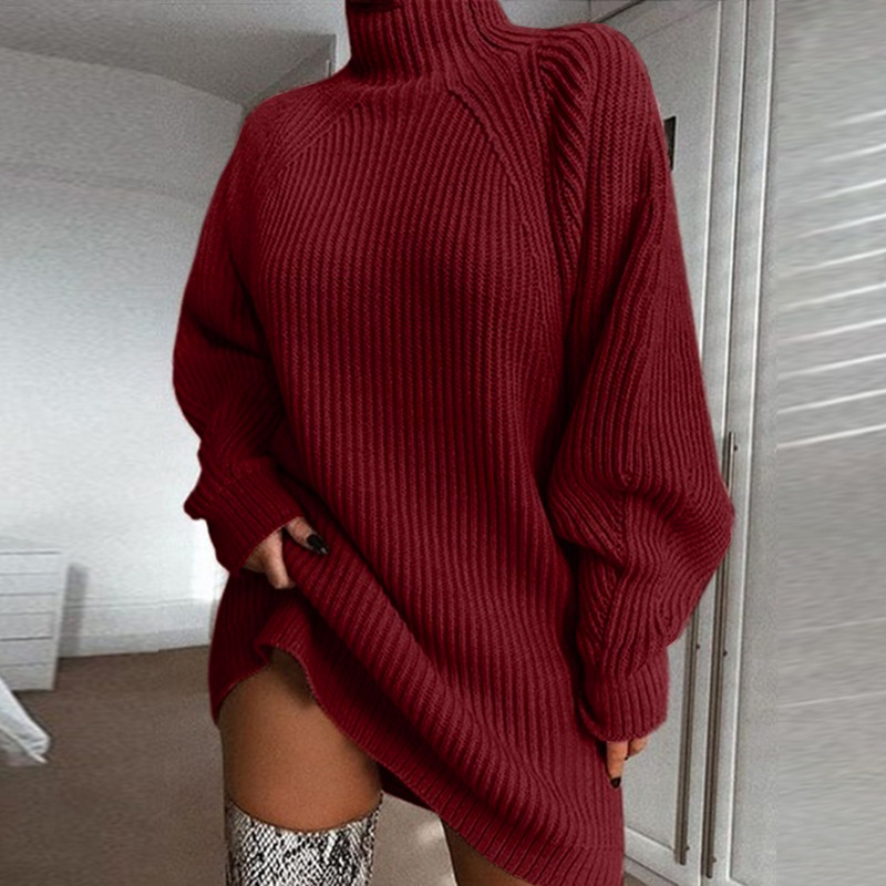 Einfarbiger Rollkragen Long Pullover Winter Warm Damen Pullover Kleid - Bild 7 von 7