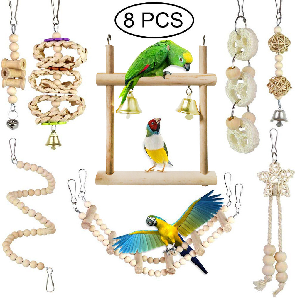 8 Stück Vögel Käfig Spielzeug Set Papagei Kauspielzeug Log Schaukel Budgie Zuhause Holz Set - Bild 1 von 1