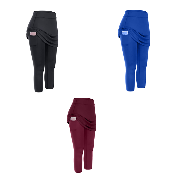 Women Tennis Skirted Leggings Pockets Elastic Sports Yoga Capris Skirts Legging - Picture 7 of 13