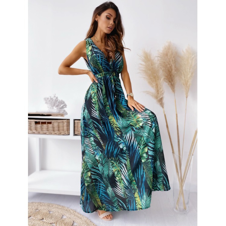 Women's Summer Sleevless Backless Tropical Printed Long Summer Sun Dress - Picture 4 of 5