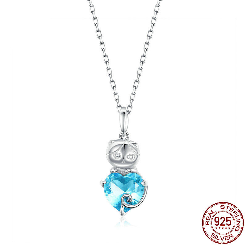 Cute Cat Blue and Platinum Plated Sterling Silver Necklace,Pendant,Women Fashion - Picture 4 of 4
