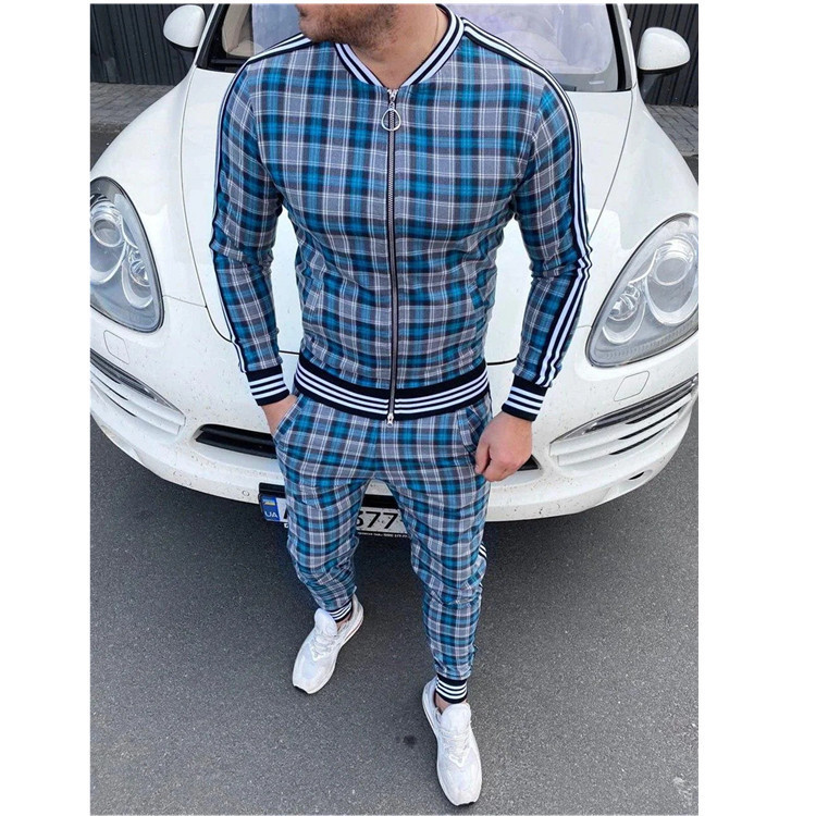 Fashion casual men´s suit striped plaid jacket long pants men