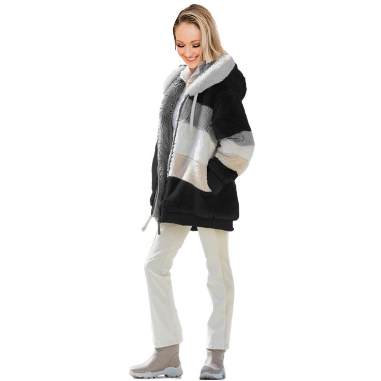 Women Winter Hooded Jacket Long Sleeve Plush Coat Fleece Zipper Hooded Coat Tops - Picture 12 of 20