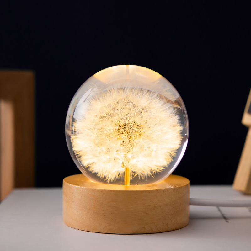 Luminous 3D Dandelion Crystal Ball Beech Wood Stand Base Preserved Flower Sphere - Picture 3 of 5
