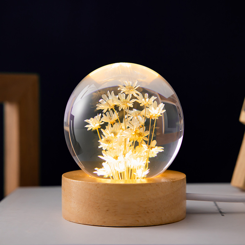 Luminous 3D Dandelion Crystal Ball Beech Wood Stand Base Preserved Flower Sphere - Picture 5 of 5