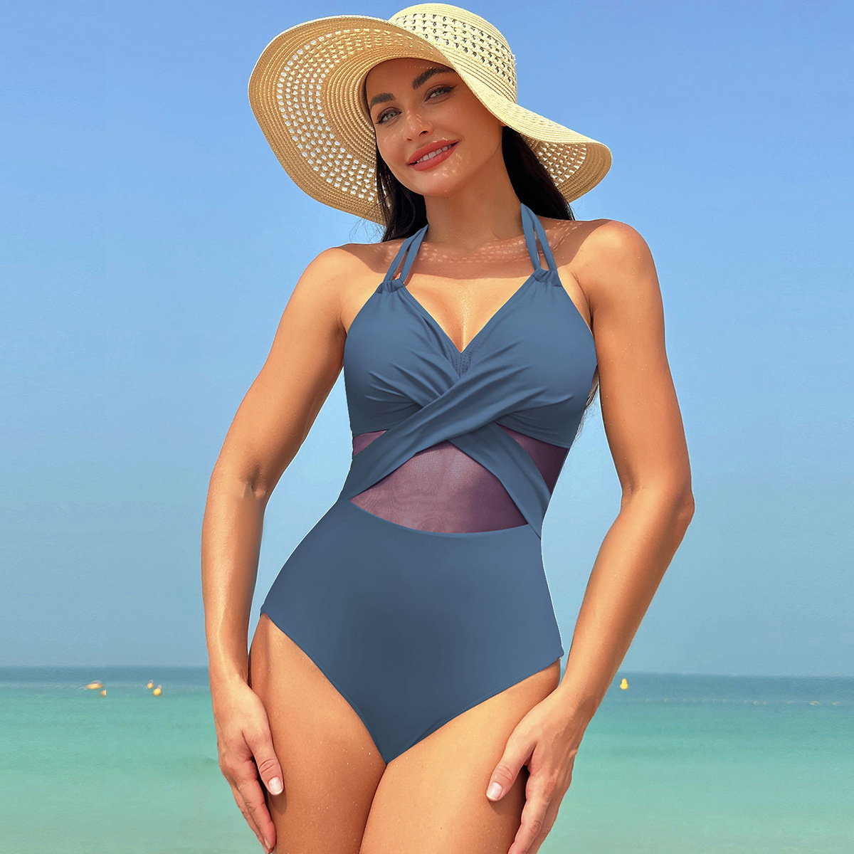 Halter-Ausschnitt Einteiliger Badeanzug Sommer Solide Farbe Kreuz-Riemen Design - Bild 7 von 10