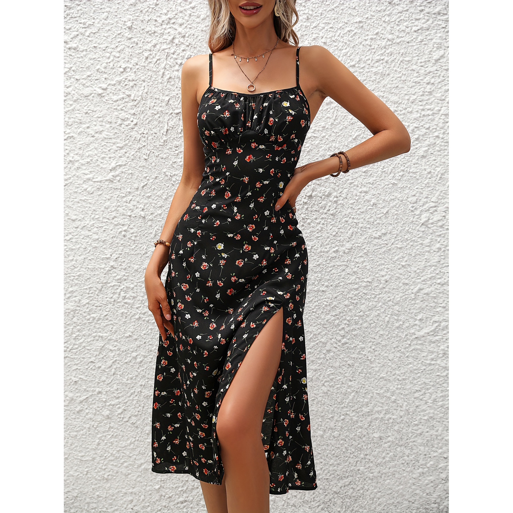 New Polka Dot Print Dress Summer Sexy Slit Long Dresses For Womens Clothing - Picture 3 of 7