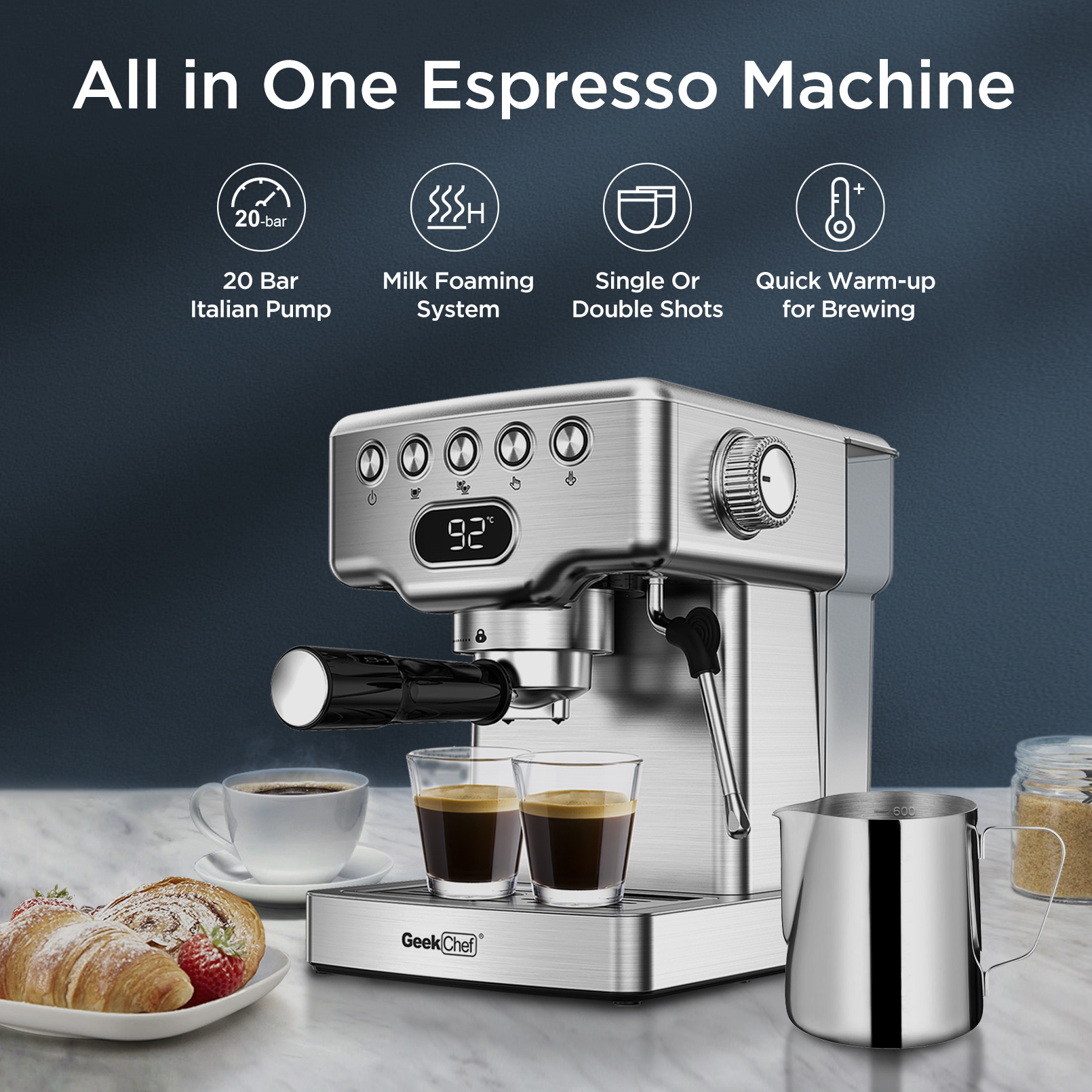 Geek Chef Espresso Machine, 20 Bar Espresso Machine With Milk Frother For Latte