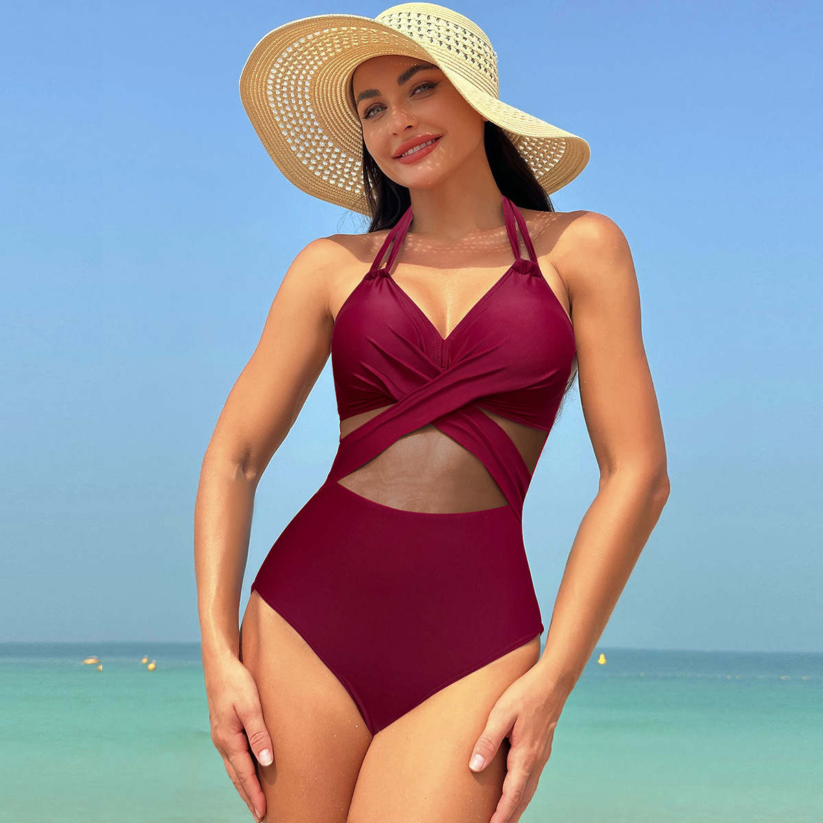 Halter-Ausschnitt Einteiliger Badeanzug Sommer Solide Farbe Kreuz-Riemen Design - Bild 10 von 10