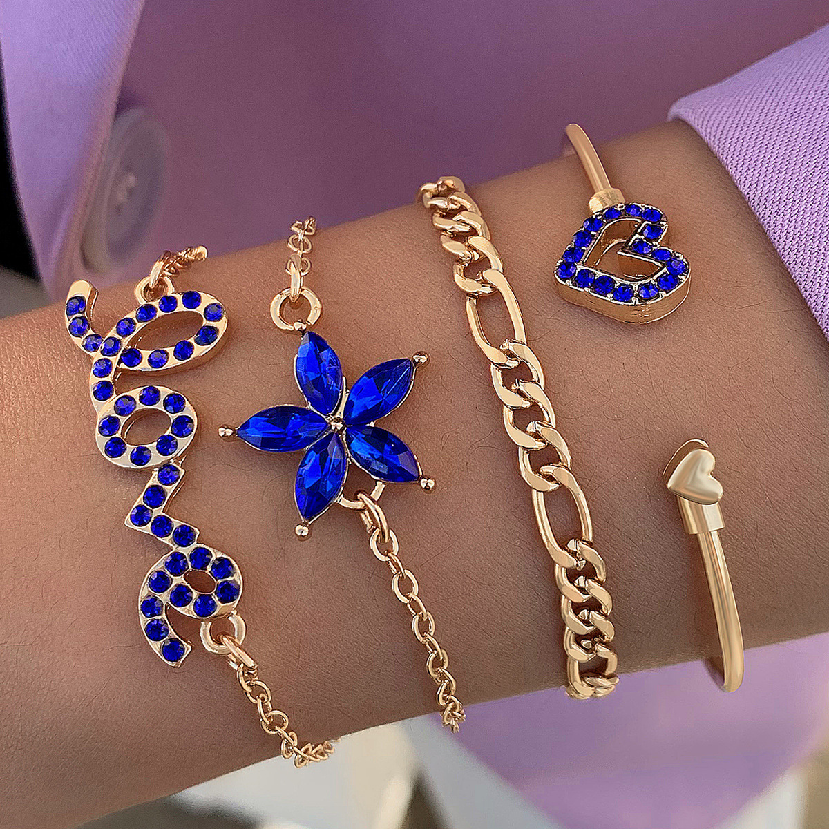 4 Stck. Blau Blume Liebe Schmetterling Armband Set mit Strass Design Valentinstag  - Bild 7 von 9