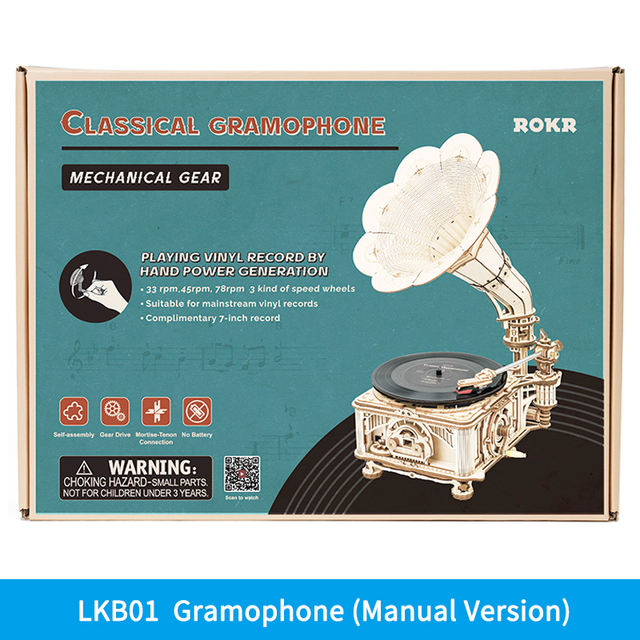 Robotime ROKR DIY Hand Crank Classic Gramophone Wooden Puzzle