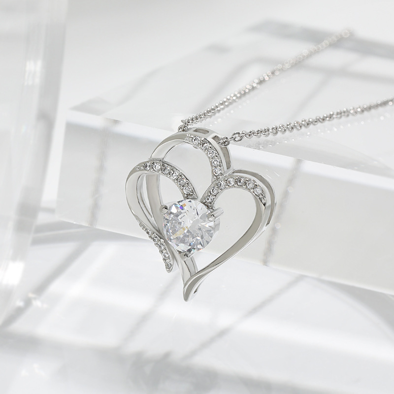 Zircon Double Love Necklace With Rhinestones Ins Personalized Heart-shaped Neckl - Picture 7 of 7