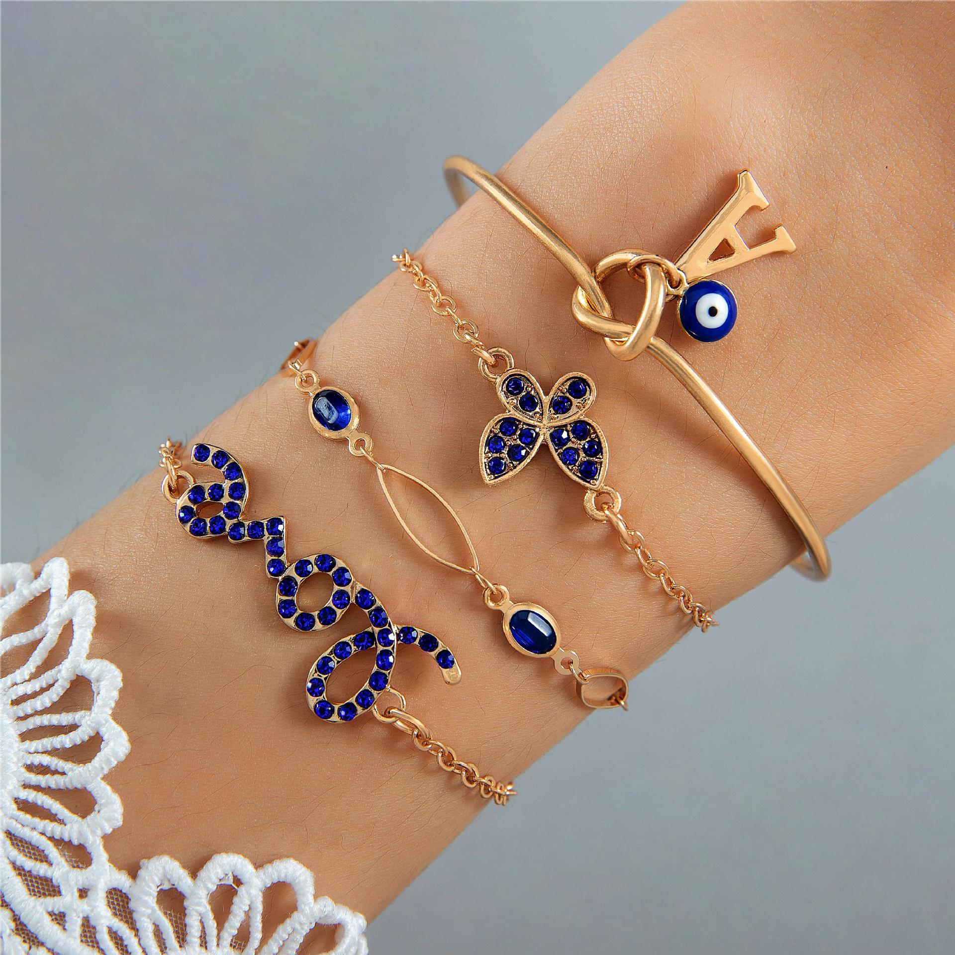 4 Stck. Blau Blume Liebe Schmetterling Armband Set mit Strass Design Valentinstag  - Bild 9 von 9