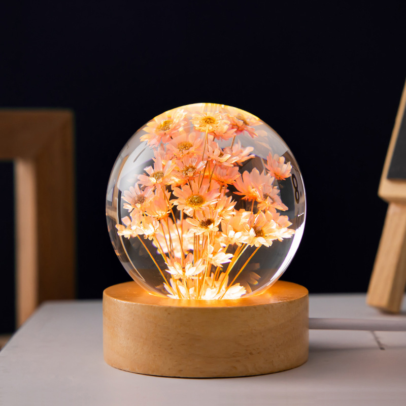 Luminous 3D Dandelion Crystal Ball Beech Wood Stand Base Preserved Flower Sphere - Picture 4 of 5