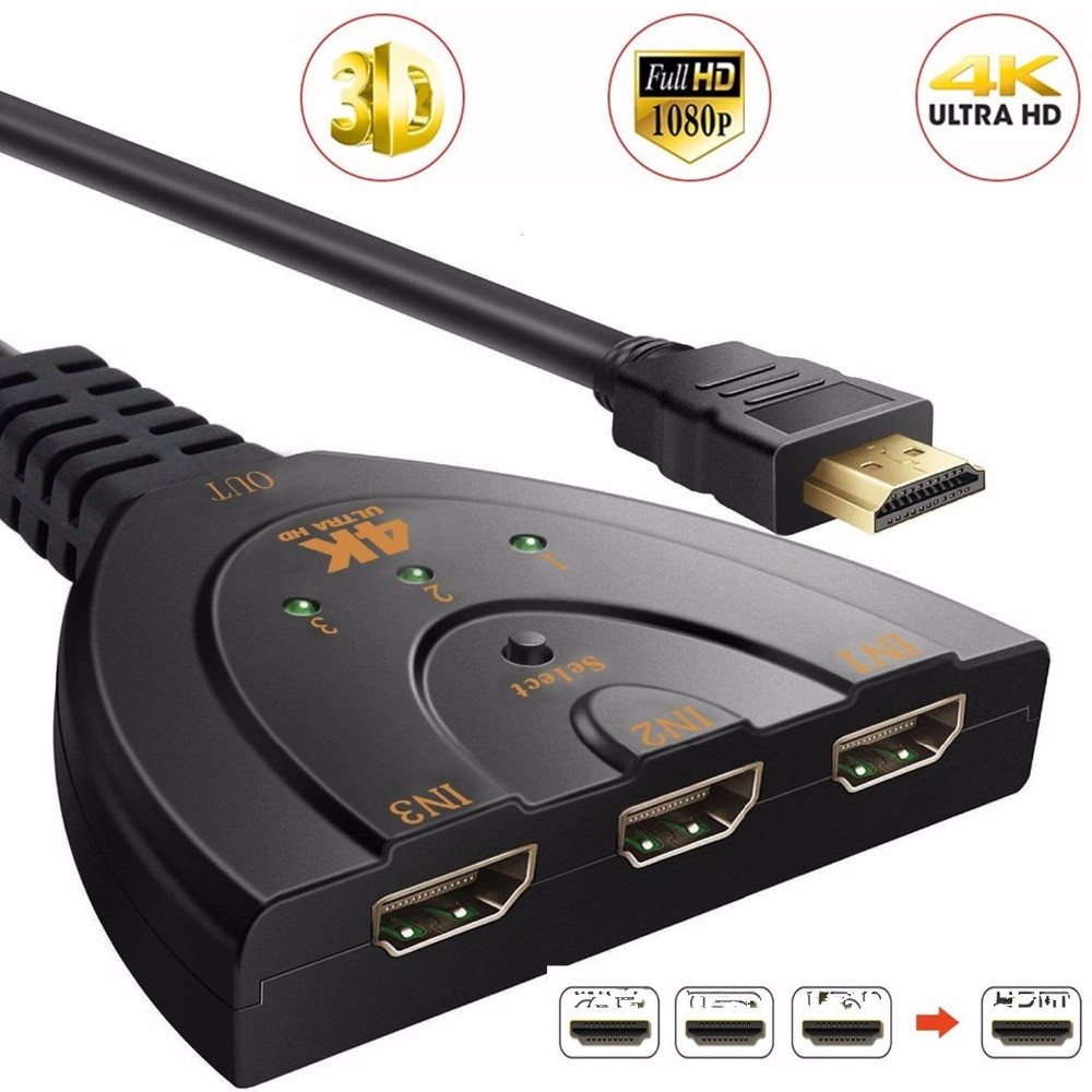 3 Port 4K HDMI 2.0 Cable Auto Splitter Switcher 3x1 Adapter HUB 3D 3 To 4K 2K 3D