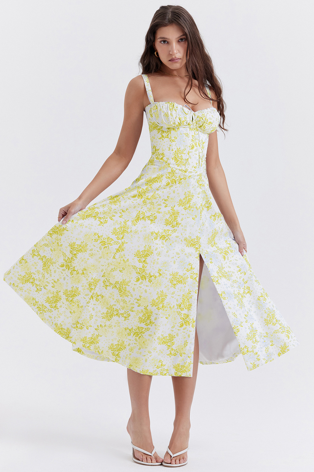 Women Summer Flower Spliced Ramie Strap Waist Dress TY1046 main image 1